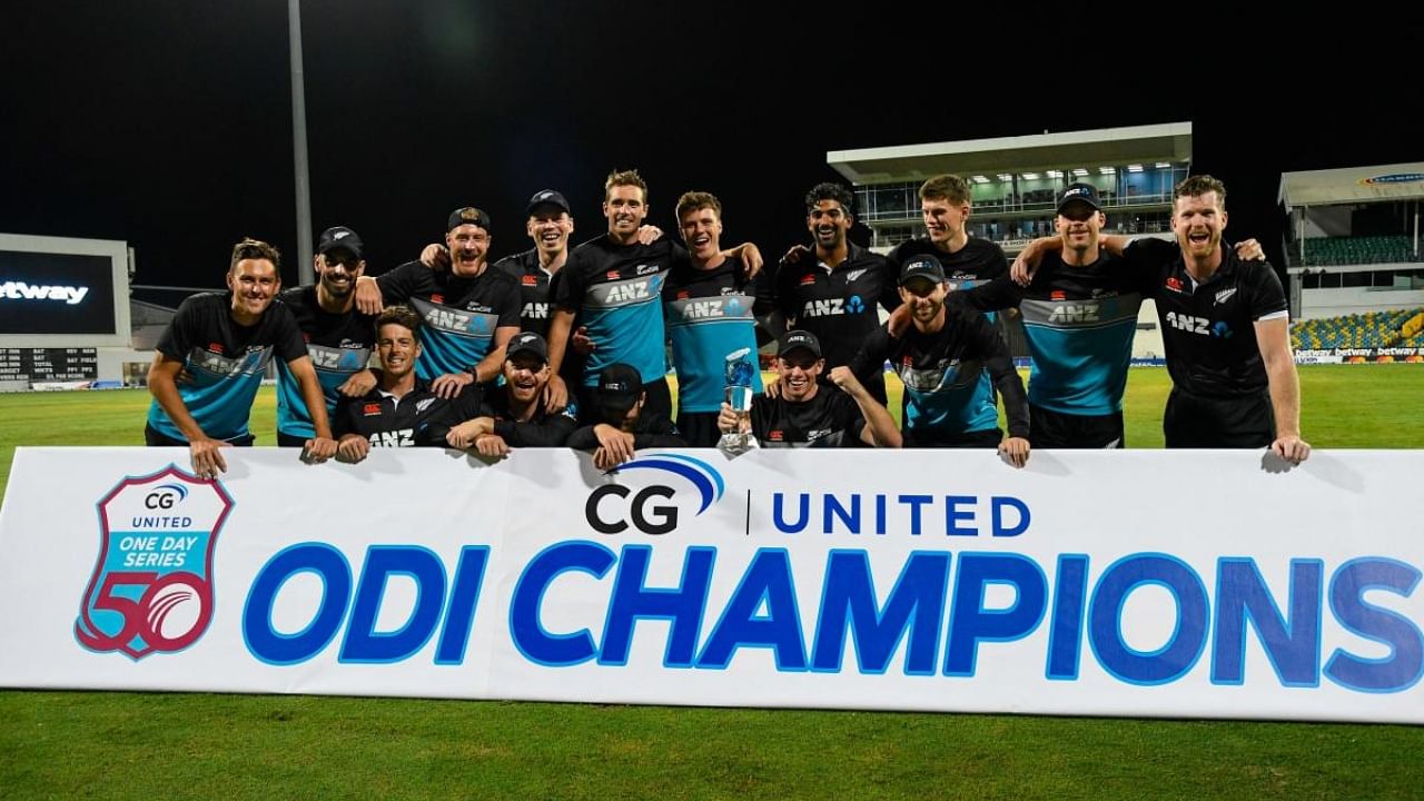 New Zealand team with the trophy after winning the 3rd and final ODI match between West Indies and New Zealand at Kensington Oval, Bridgetown, Barbados. Credit: AFP Photo