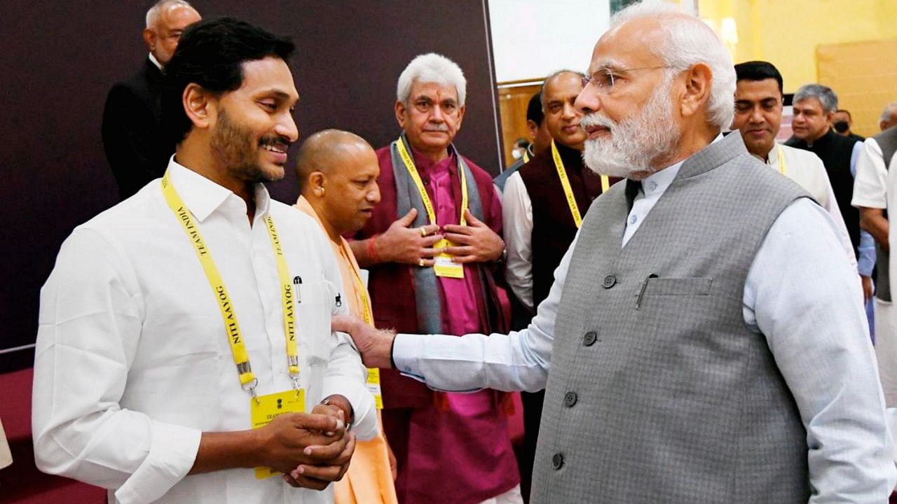 Prime Minister Narendra Modi interacts with Andhra Pradesh CM YS Jaganmohan Reddy. Credit: PTI Photo