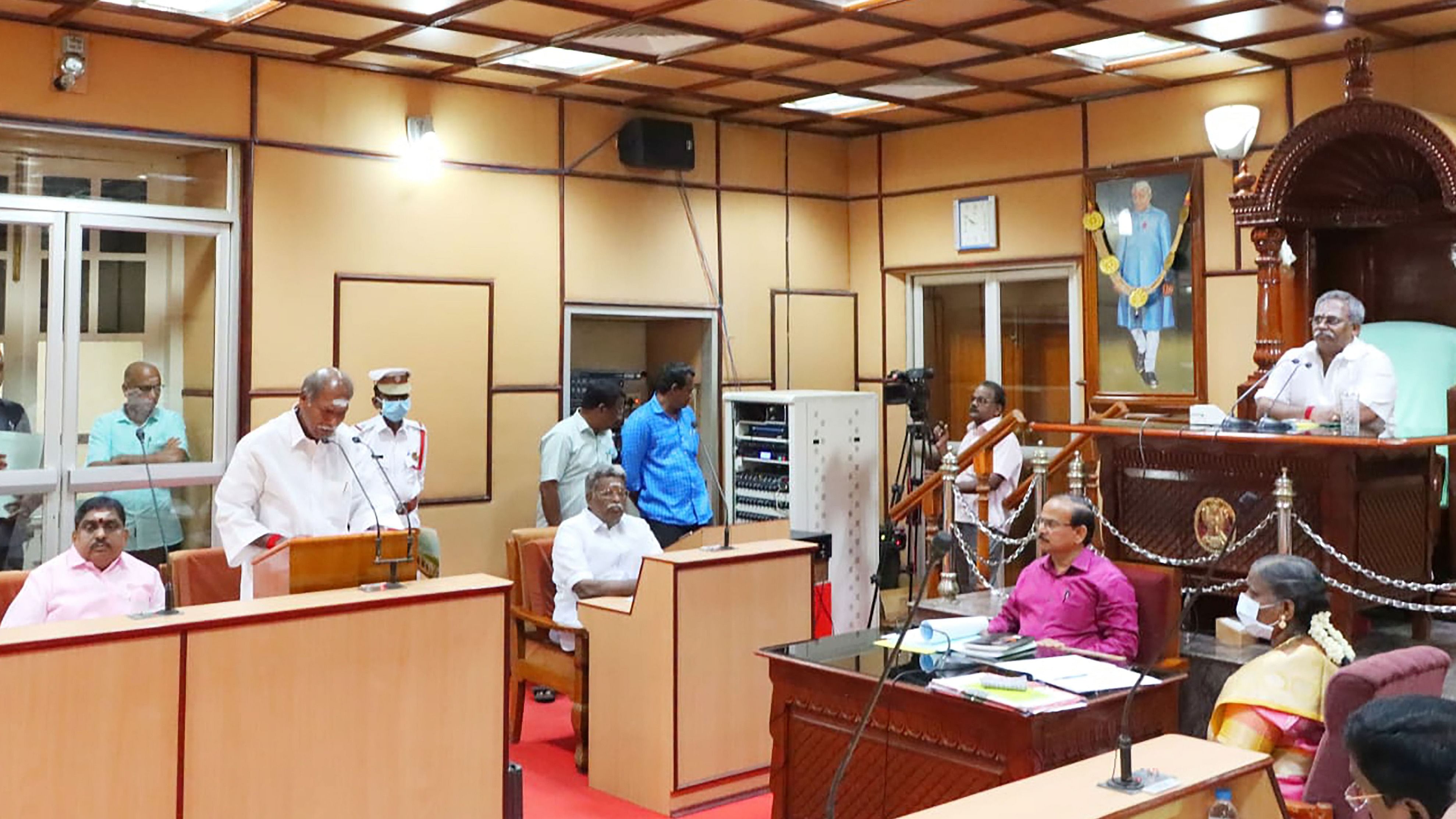 Puducherry Chief Minister N Rangasamy presents the budget for the fiscal 2022-23 in the Assembly, in Puducherry. Credit: PTI Photo