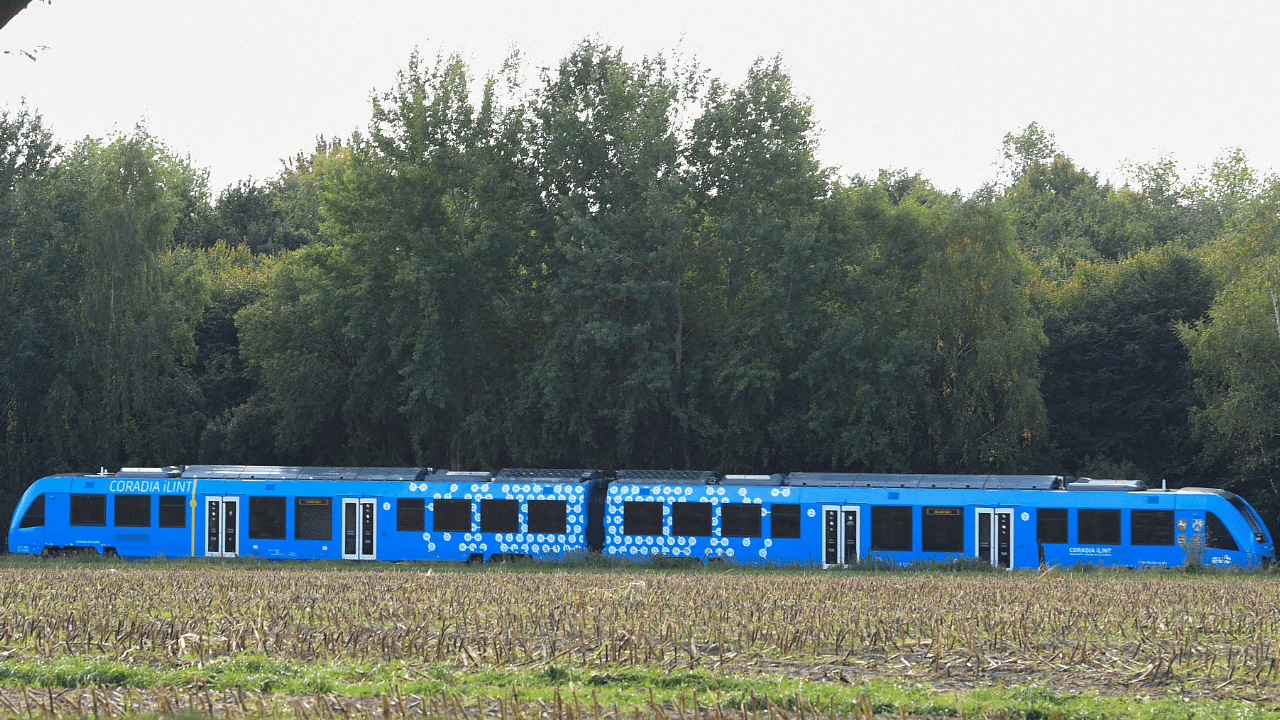 A hydrogen-powered train, by French train maker Alstom, drives near Bremervoerde, Germany. Credit: AFP Photo