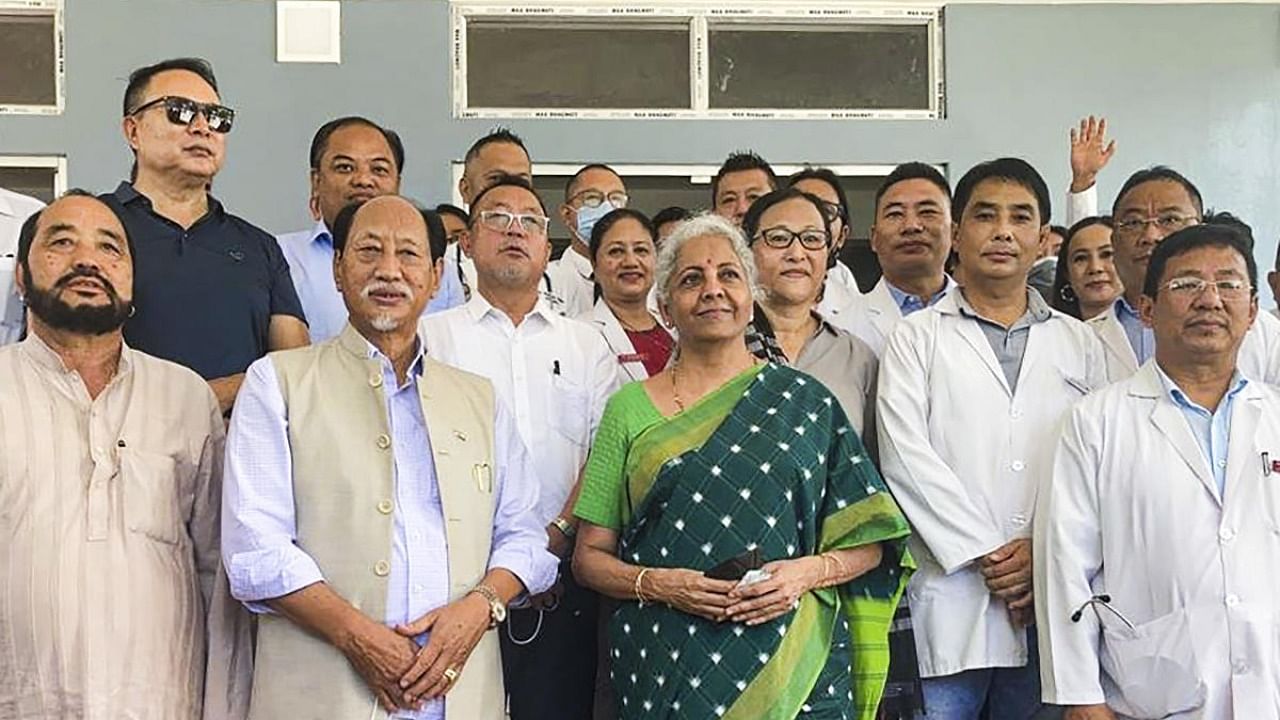 Union Finance Minister Nirmala Sitharaman with Nagaland CM Neiphiu Rio and other officials pose after inaugurating Dialysis Centre at District Hospital in Dimapur. Credit: PTI Photo