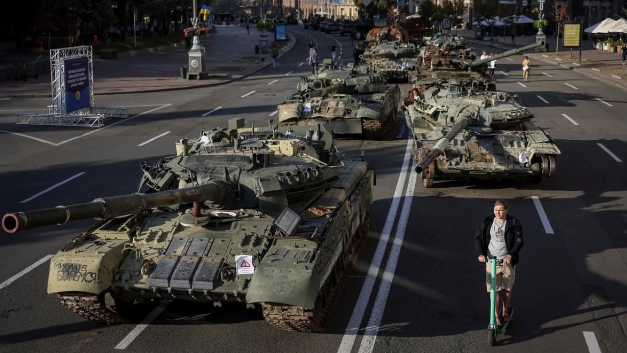 Destroyed Russian military vehicles are located on the main street Khreshchatyk as part of the celebration of the Independence Day of Ukraine, amid Russia's invasion, in central Kyiv, Ukraine August 24, 2022. Credit: Reuters Photo