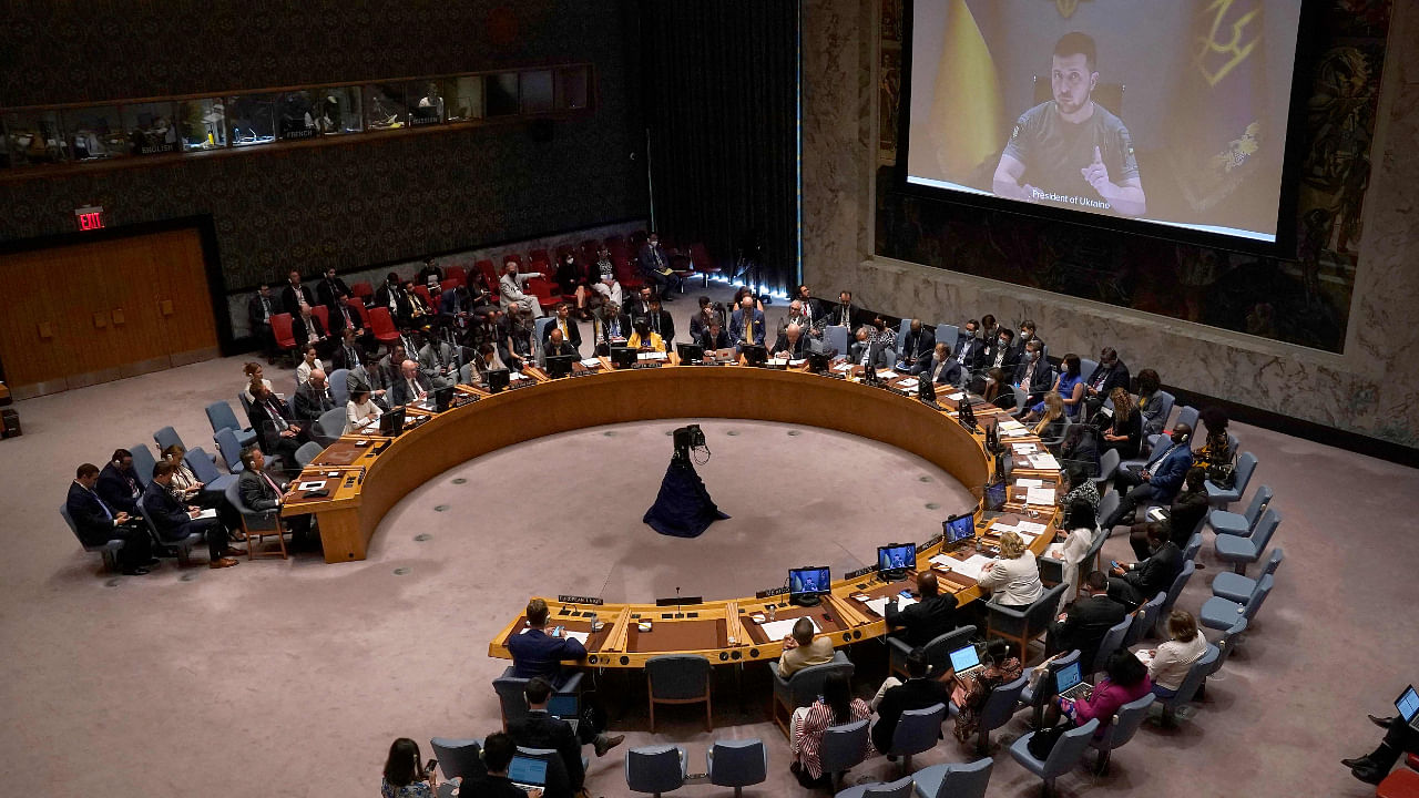 Ukrainian President Volodymyr Zelenskyy appears on screen as he addresses the UN Security Council Meeting on the maintenance of peace and security of Ukraine . Credit: AFP Photo