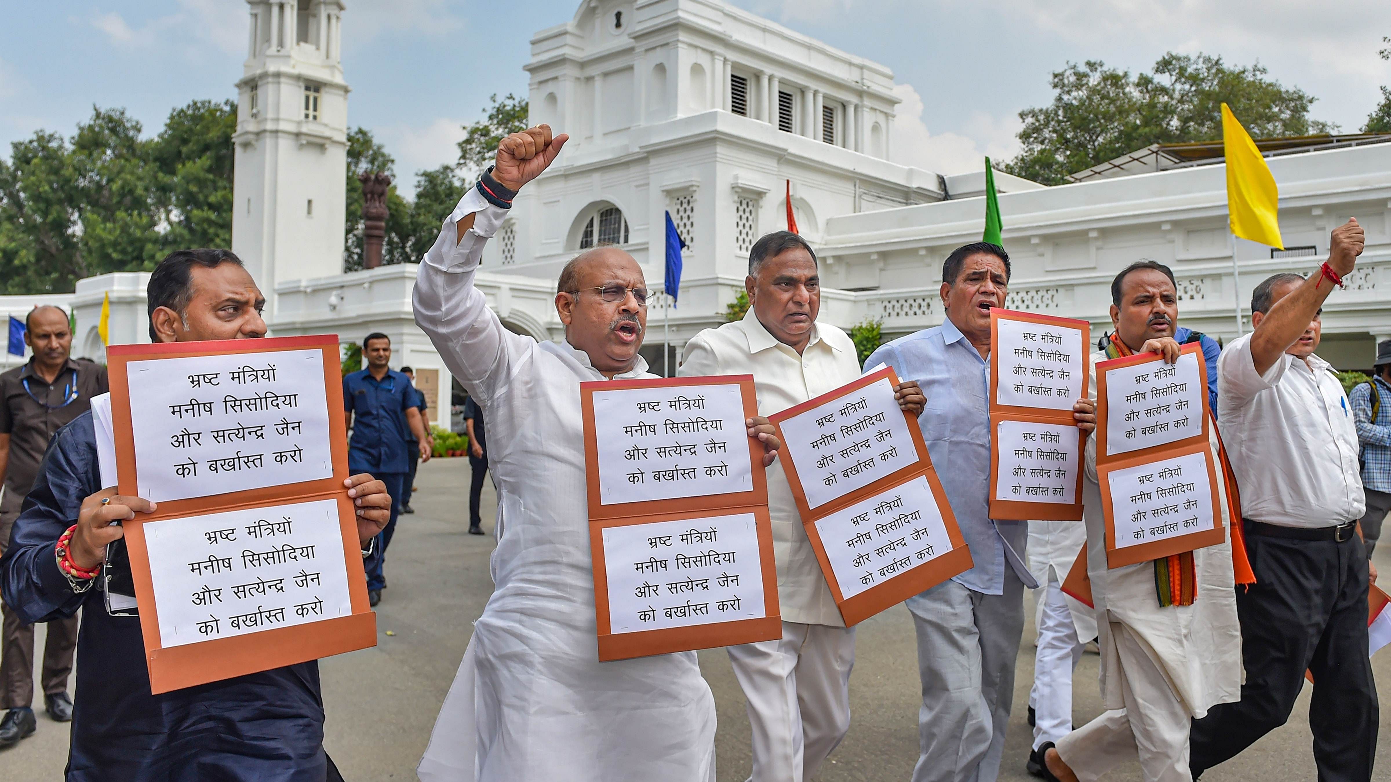 Delhi BJP MLAs stage a protest at Delhi Legislative Assembly during a special session. Credit: PTI Photo