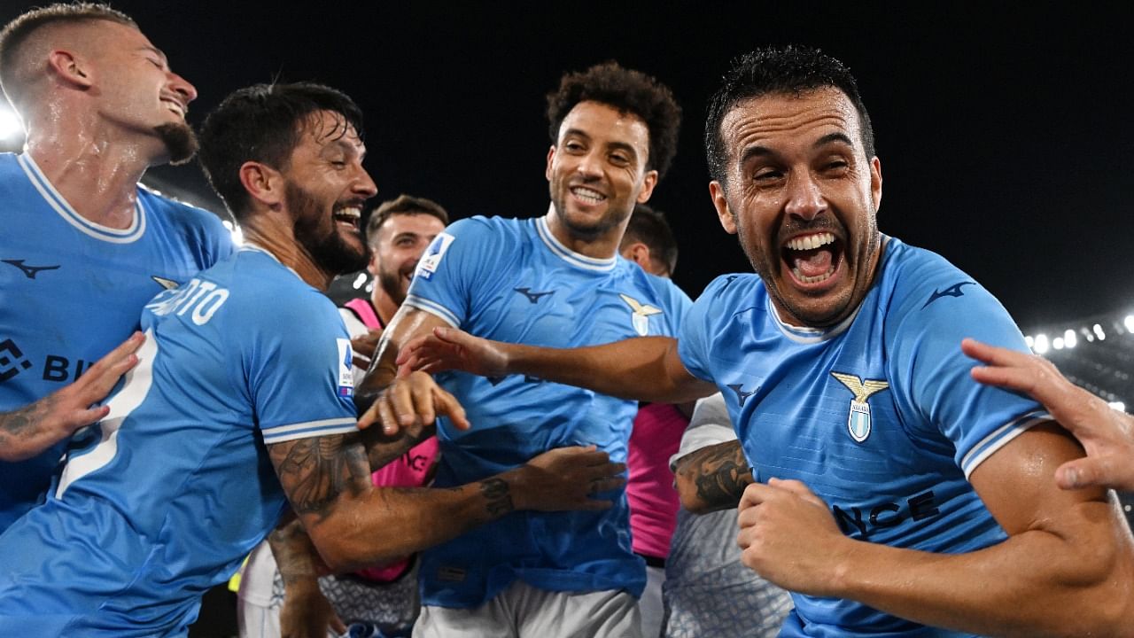 Serie A - Lazio v Inter Milan - Stadio Olimpico, Rome, Italy,  Lazio's Pedro celebrates with teammates after the match. Credit: Reuters Photo