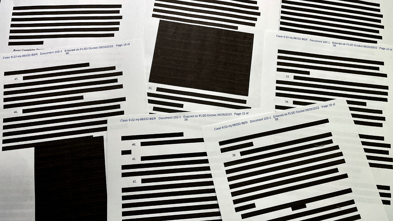Pages of entirely redacted information are seen in the released version of an affidavit from the US Justice Department, August 26, 2022. Credit: Reuters Photo