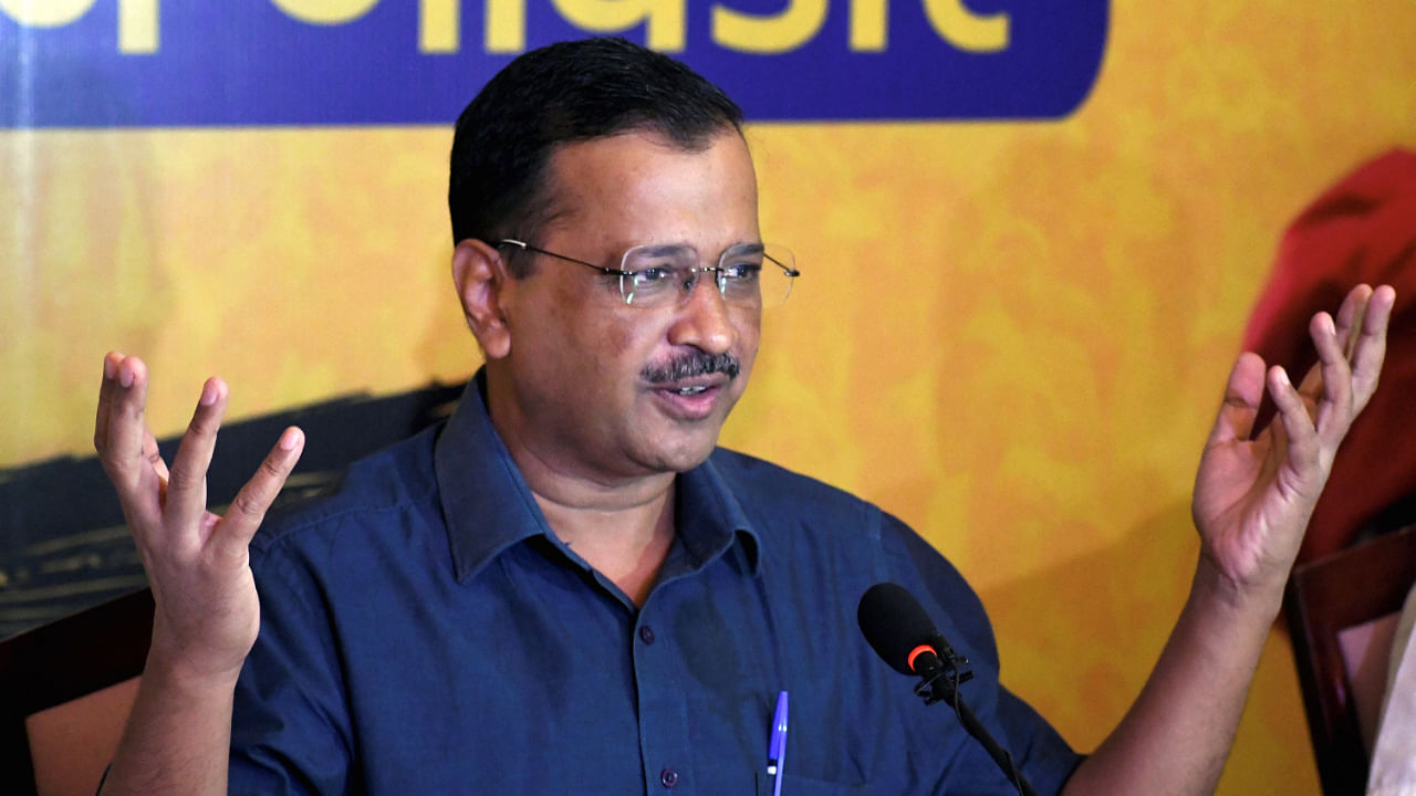 Delhi Chief Minister Arvind Kejriwal addresses a press conference during his visit to Vadodara, Sunday, August 7, 2022. Credit: PTI File Photo