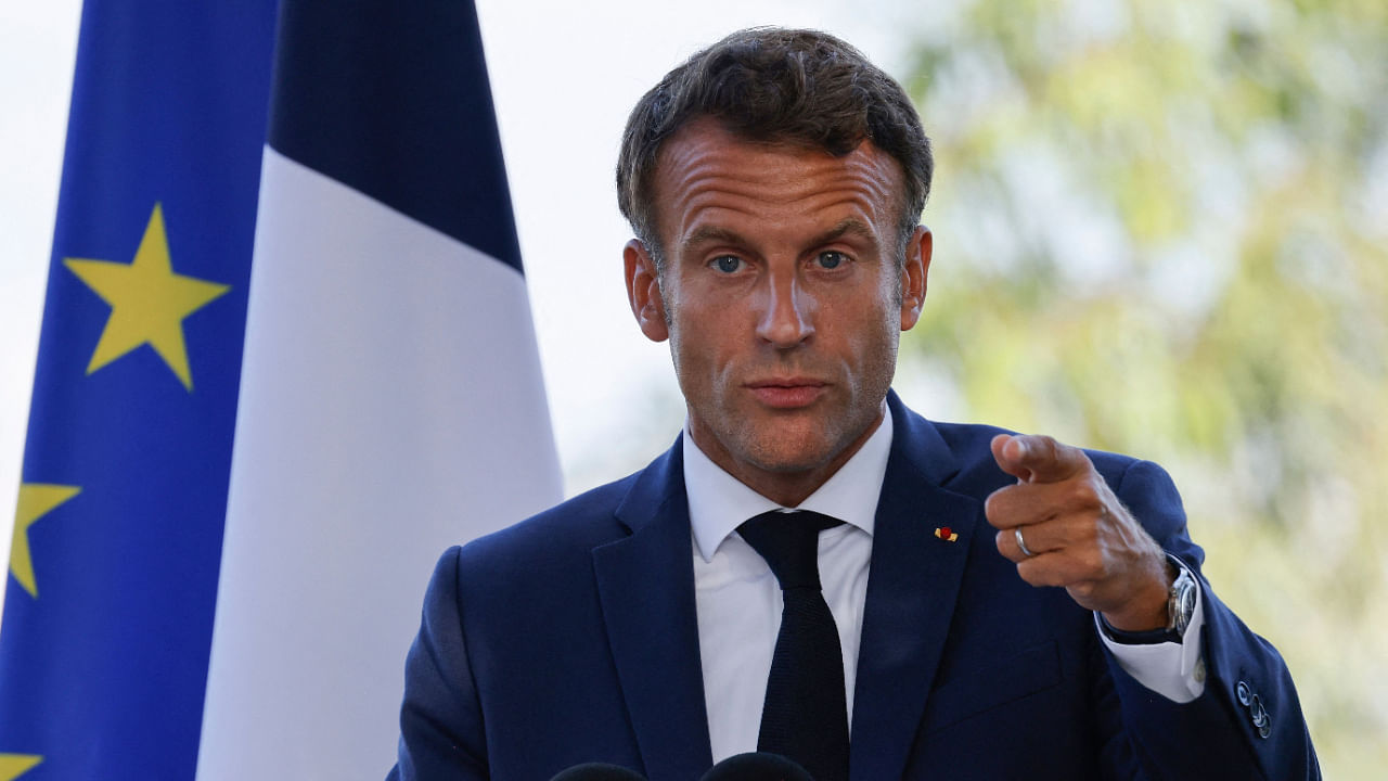 French President Emmanuel Macron delivers a speech at the French ambassador to Algeria's residence, in Algiers, on August 26, 2022. Credit: AFP Photo