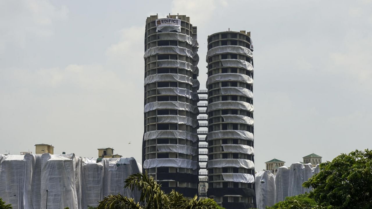 Supertech twin towers ahead of their demolition with explosives in compliance with a Supreme Court order, in Noida. Credit: PTI Photo