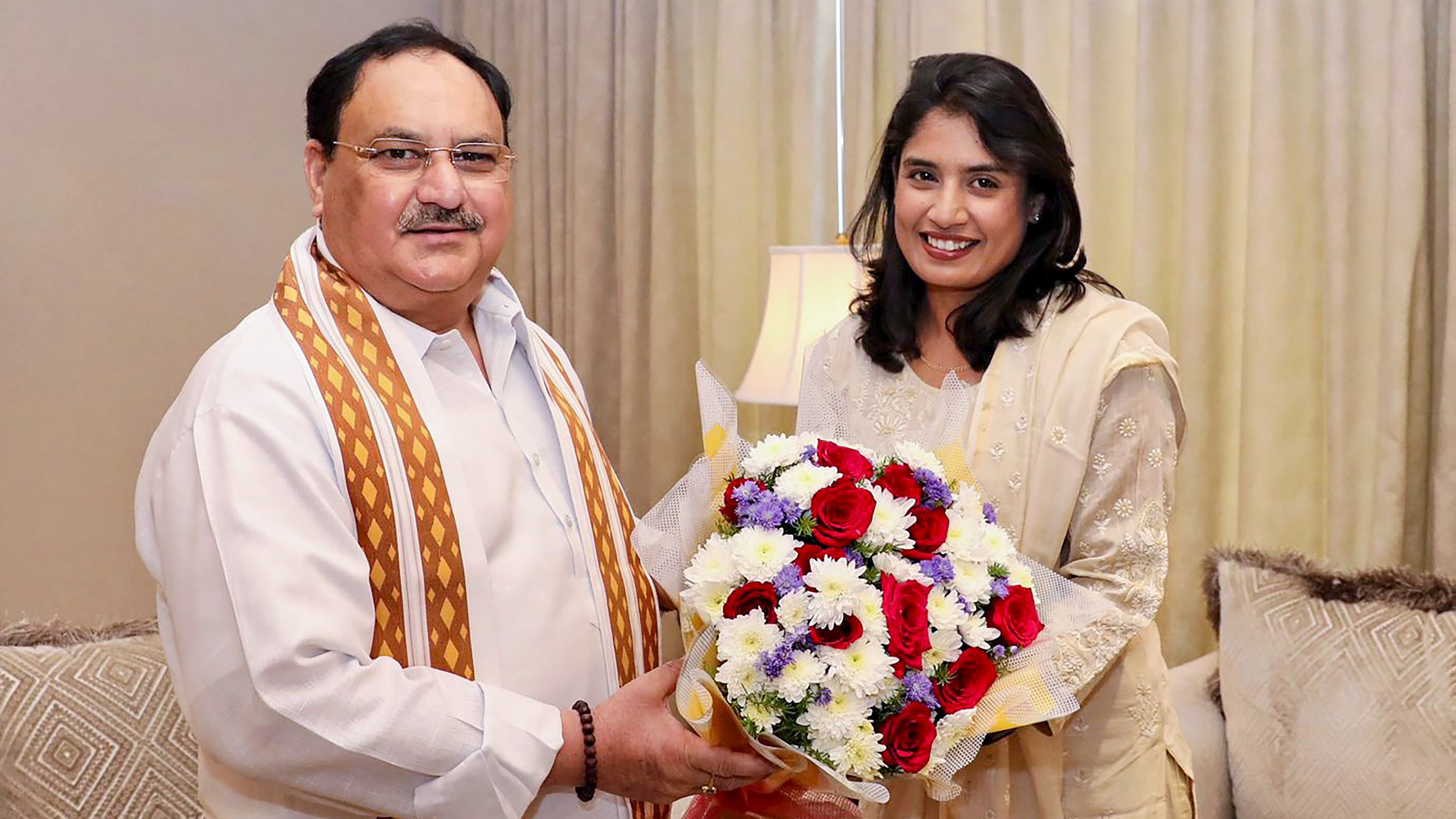JP Nadda with former Indian women cricketer Mithali Raj during a meeting in Hyderabad. Credit: PTI Photo