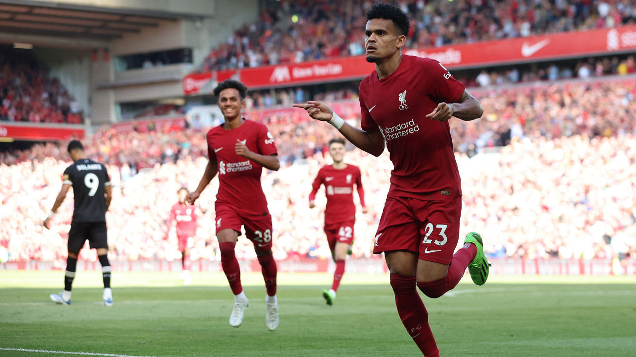 Liverpool's Luis Diaz celebrates scoring their ninth goal against Bournemouth, August 27, 2022. Credit: Reuters Photo