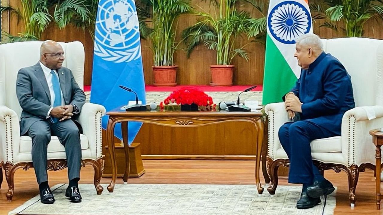 UN General Assembly President Abdulla Shahid with Vice President Jagdeep Dhanka. Credit : Twitter/@VPSecretariat