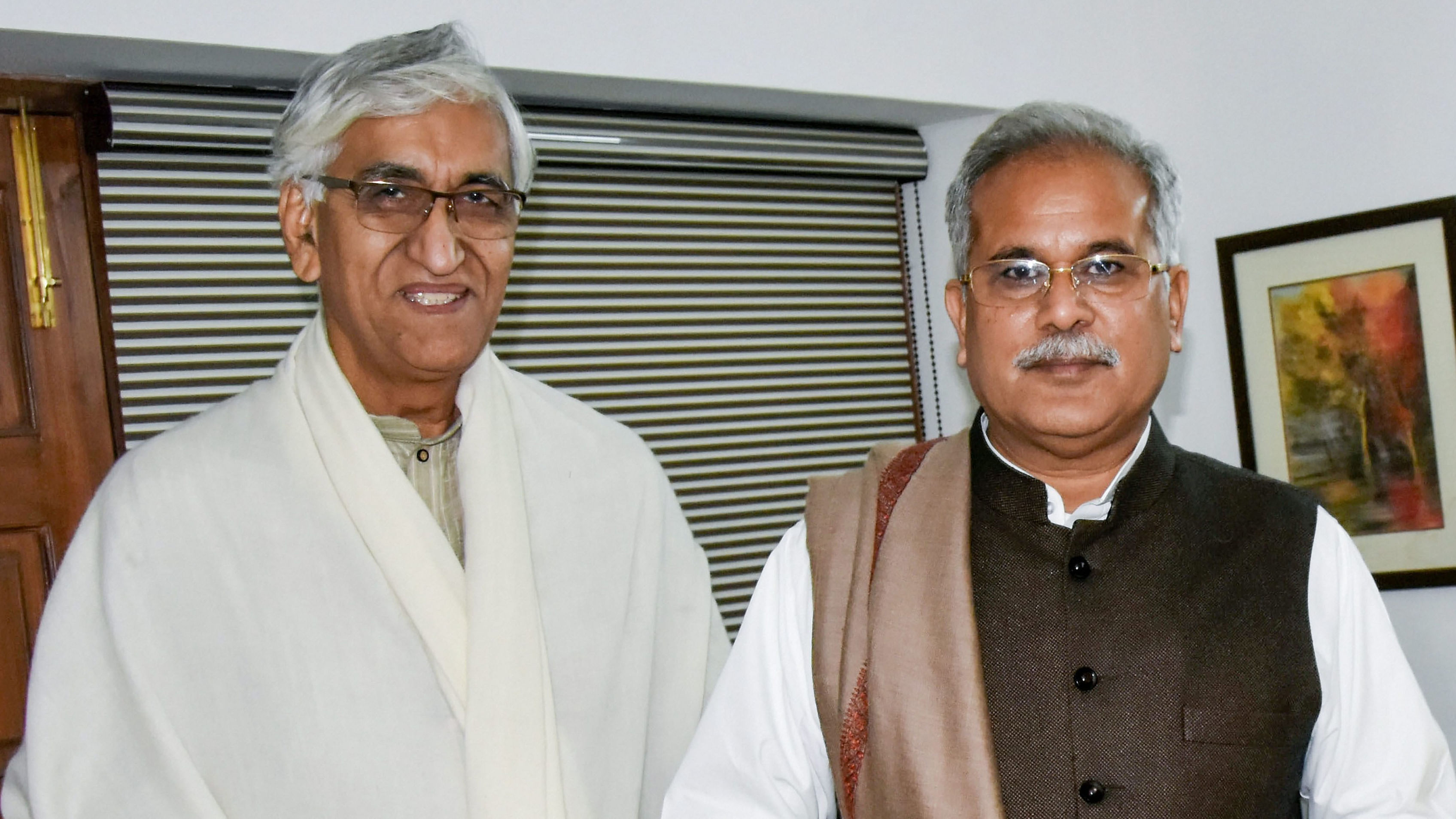 Senior leaders of Congress party's Chhattisgarh unit TS Singh Deo and Bhupesh Baghel . Credit: PTI Photo