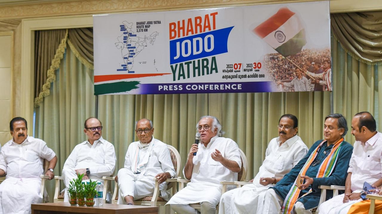 Senior Congress leader Jairam Ramesh speaks during a press conference regarding party's 'Bharat Joda Yatra', in Thiruvananthapuram. Credit: PTI Photo
