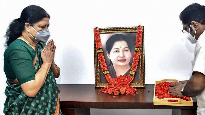 V K Sasikala pays tribute to former TN CM Jayalalithaa. Credit: PTI File Photo