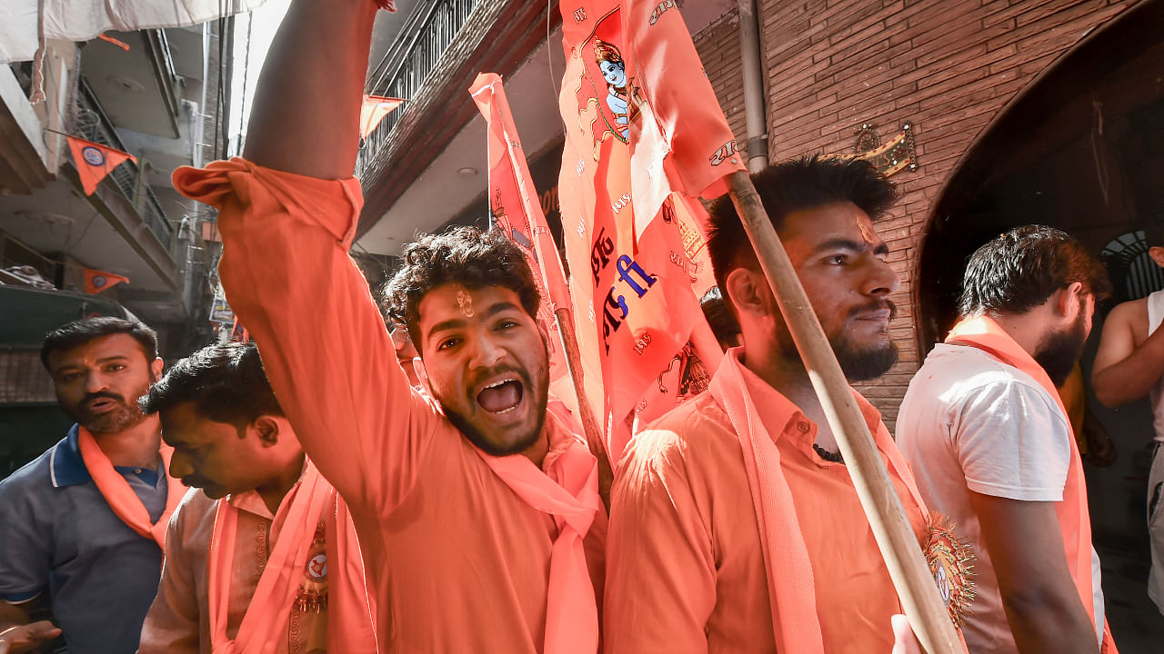 VHP members march on Ram Navami. Representative image. Credit: PTI File Photo