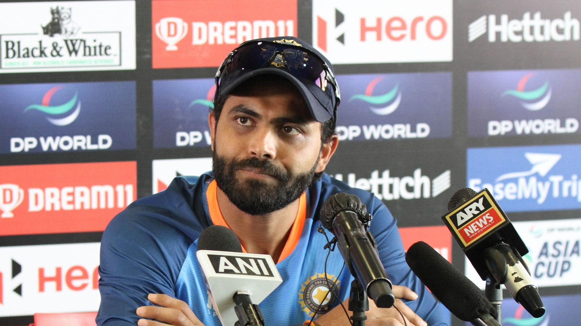 Ravindra Jadeja addresses a press conference ahead of India's Asia Cup match against Hong Kong in Dubai on Tuesday August 30,2022. Credit: IANS Photo