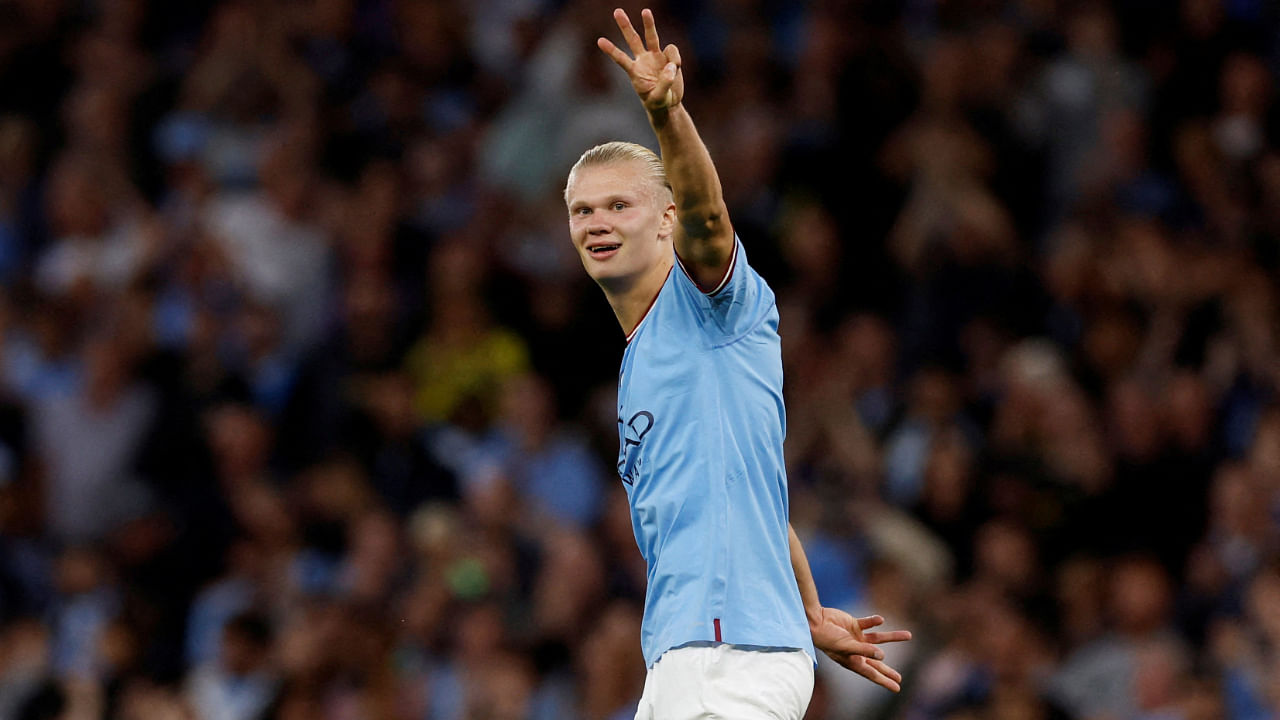 Manchester City's Erling Haaland celebrates completing a hattrick against Nottingham Forest, August 31, 2022. Credit: Reuters Photo