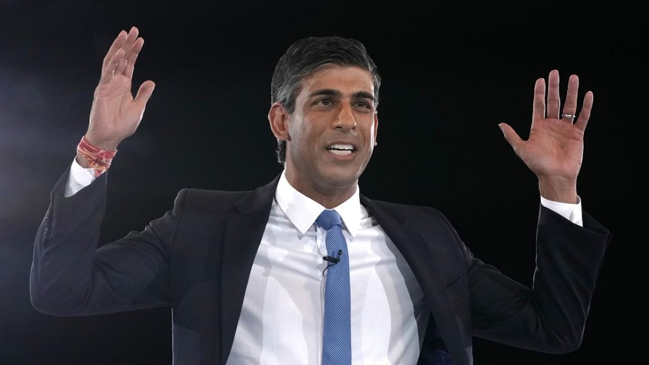 Rishi Sunak addresses Conservative Party members during a Conservative leadership election hustings at Wembley Arena in London, Wednesday, Aug. 31, 2022. Credit: AP Photo