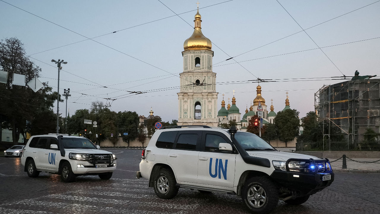 UN vehicles with members of International Atomic Energy Agency (IAEA) mission depart for visit to Zaporizhzhia nuclear power plant. Credit: AFP Photo