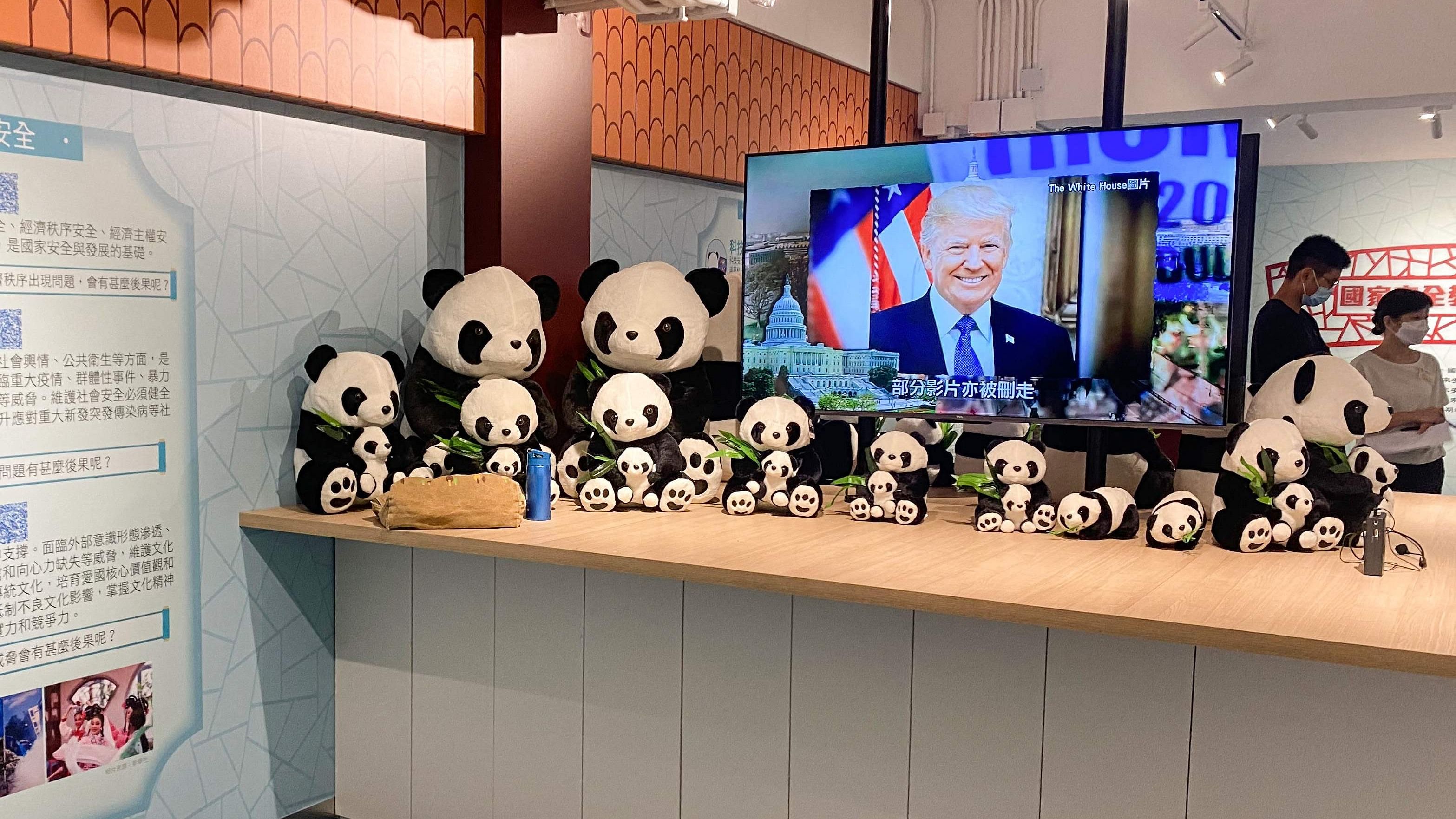 Photo shows toy pandas on display beside educational books inside the Patriotic Education Centre in Hong Kong. Credit: AFP Photo