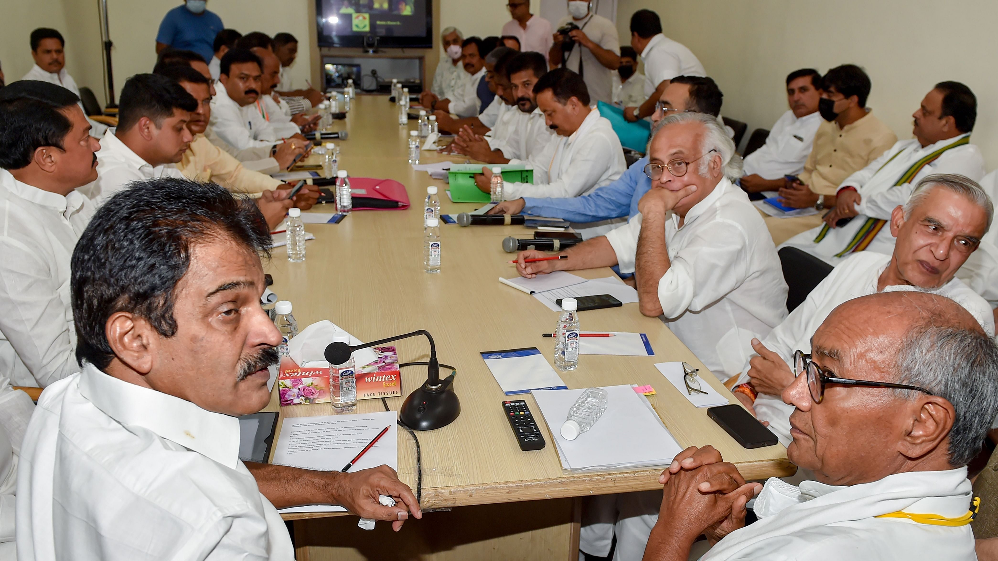 Congress leaders K. C. Venugopal, Digvijaya Singh, Jairam Ramesh and others during a meeting of General Secretaries, Incharges, PCC Presidents and State Coordinators of Bharat Jodo Yatra, at AICC headquarters, in New Delhi. Credit: PTI Photo