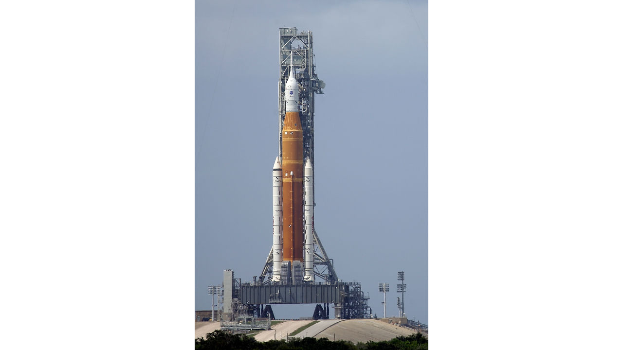 The NASA moon rocket stands on Pad 39B for the Artemis 1 mission to orbit the moon at the Kennedy Space Center, Friday, Sept. 2, 2022, in Cape Canaveral, Fla. The launch is scheduled for Saturday. Credit: AP Photo