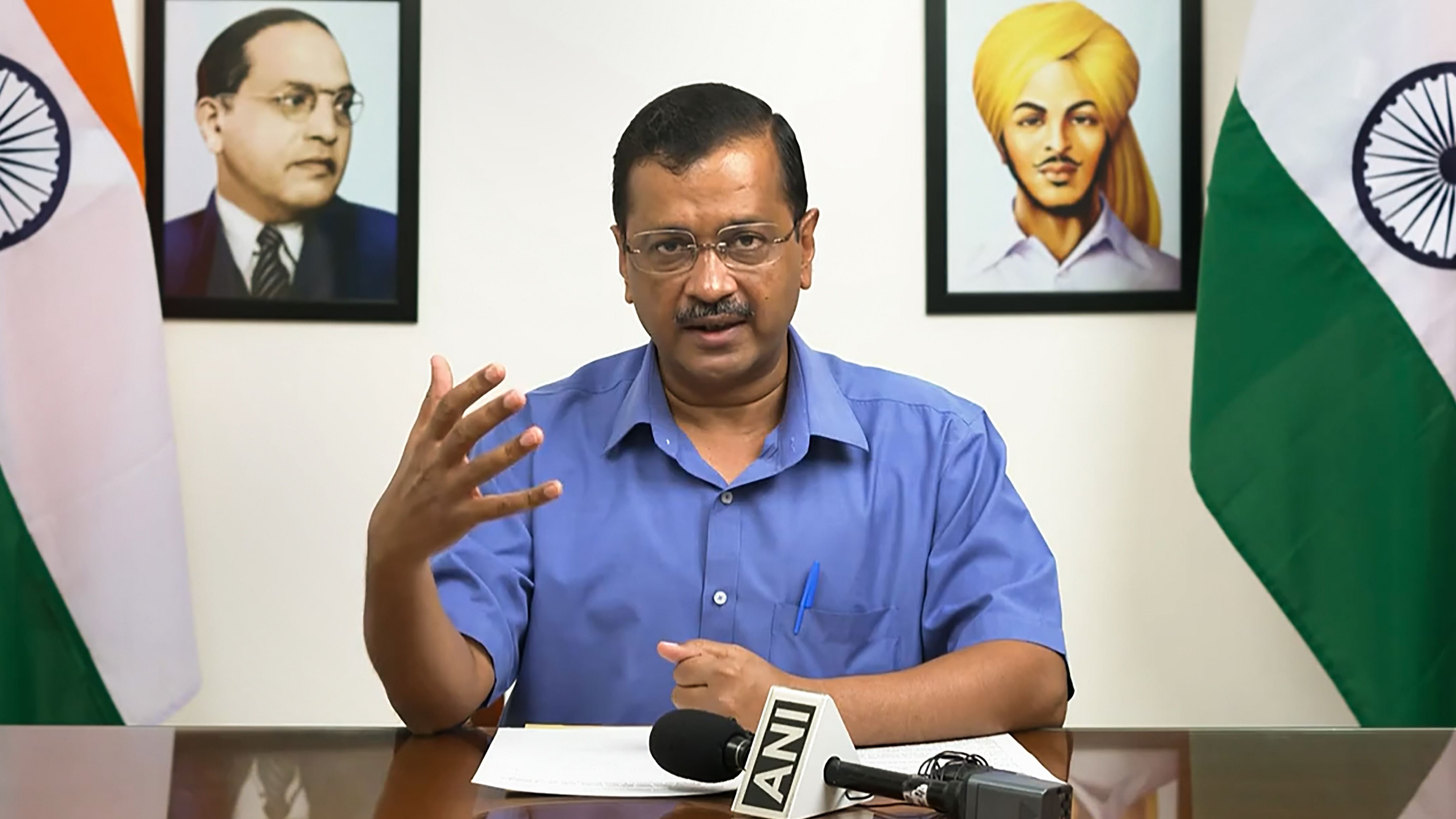 Kejriwal addresses media to launch virtual school for students across the country. Credit: PTI Photo