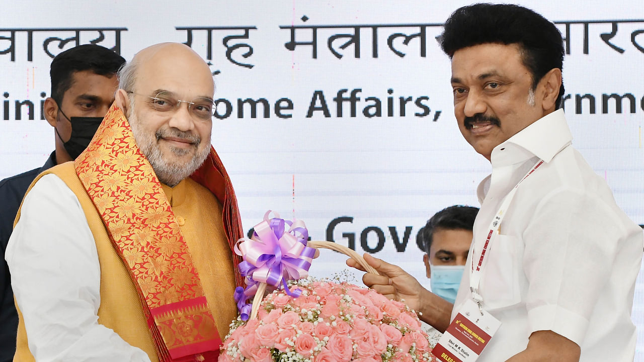 Union Home minister Amit Shah with Tamil Nadu CM MK Stalin during the meeting of 'Southern Zonal Council' in Thiruvananthapuram. Credit: PTI Photo