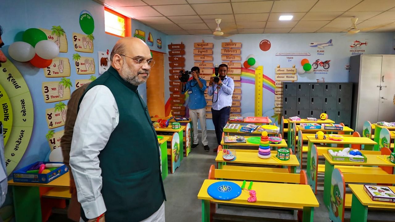 Union Home Minister Amit Shah during his visit to a smart school in Ahmedabad. Credit: PTI Photo