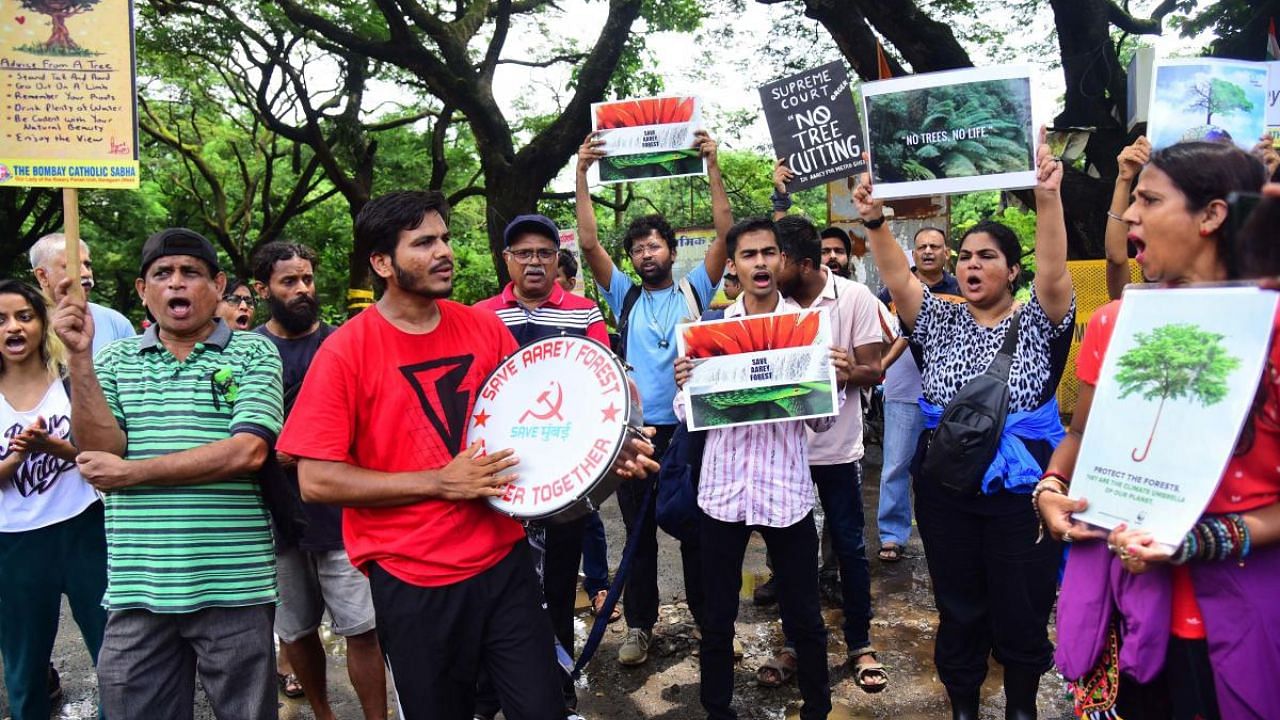 Activists stage a protest over construction of Aarey metro car shed in Mumbai. Credit: PTI Photo