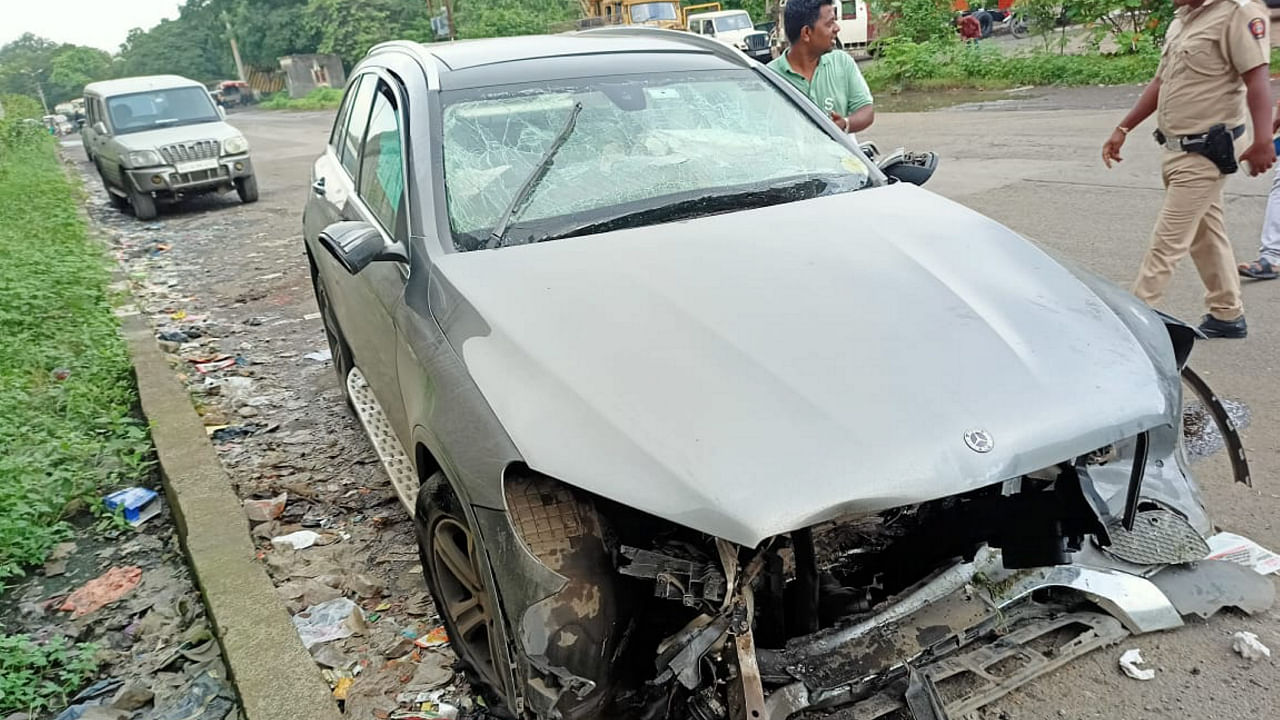 Wreckage of the Mercedes car in which businessman and former Tata Sons chairman Cyrus Mistry was travelling. Credit: PTI Photo