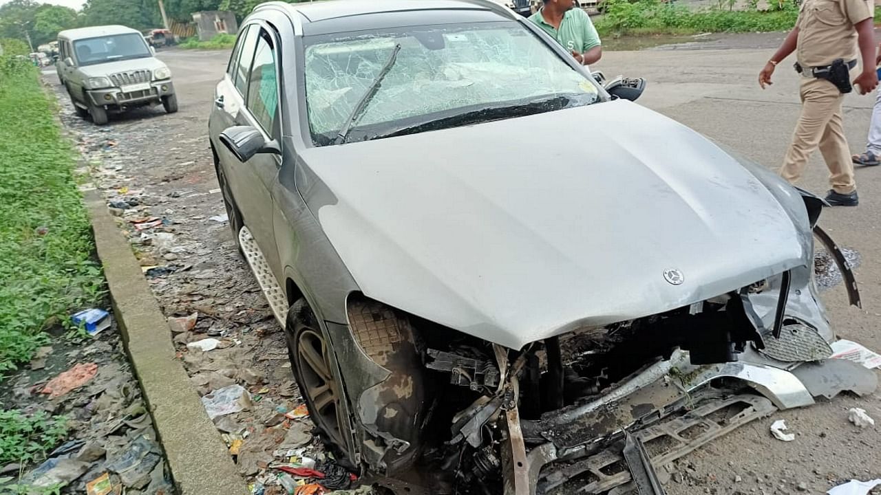  Wreackage of the Mercedes car in which businessman and former Tata Sons Chairman Cyrus Mistry was travelling when it met with an accident in Palghar. Credit: PTI Photo