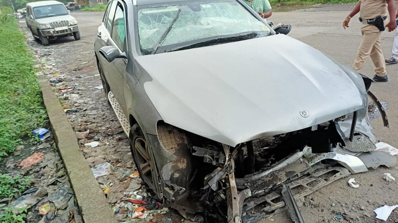 Wreackage of the Mercedes car in which businessman and former Tata Sons Chairman Cyrus Mistry was travelling when it met with an accident in Palghar. Credit: PTI Photo