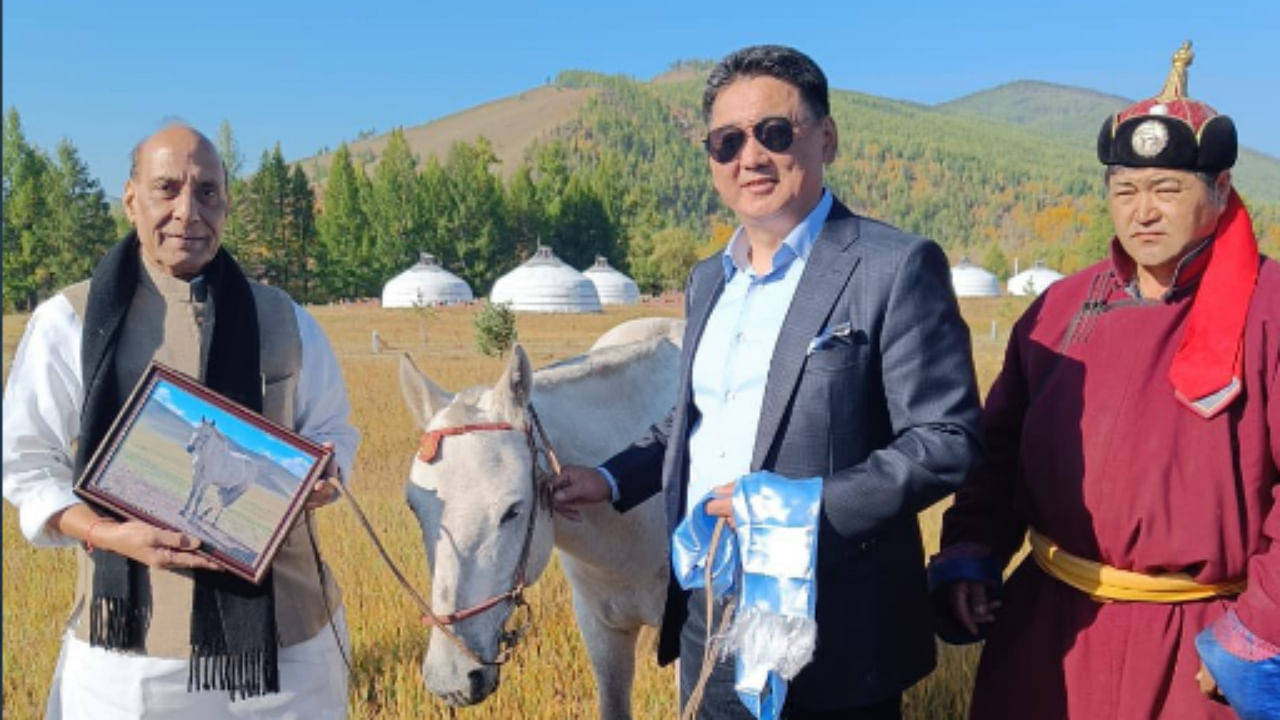 Rajnath Singh, the first Indian Defence Minister to visit Mongolia, was gifted a majestic horse. Credit: Twitter/ @rajnathsingh