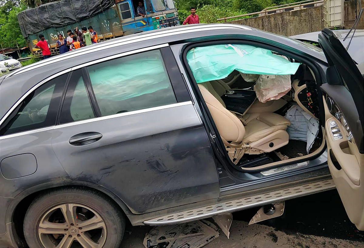 Wreckage of the car in which former Tata Sons chairman Cyrus Mistry was travelling after it met with an accident in Palghar on Sunday. PTI