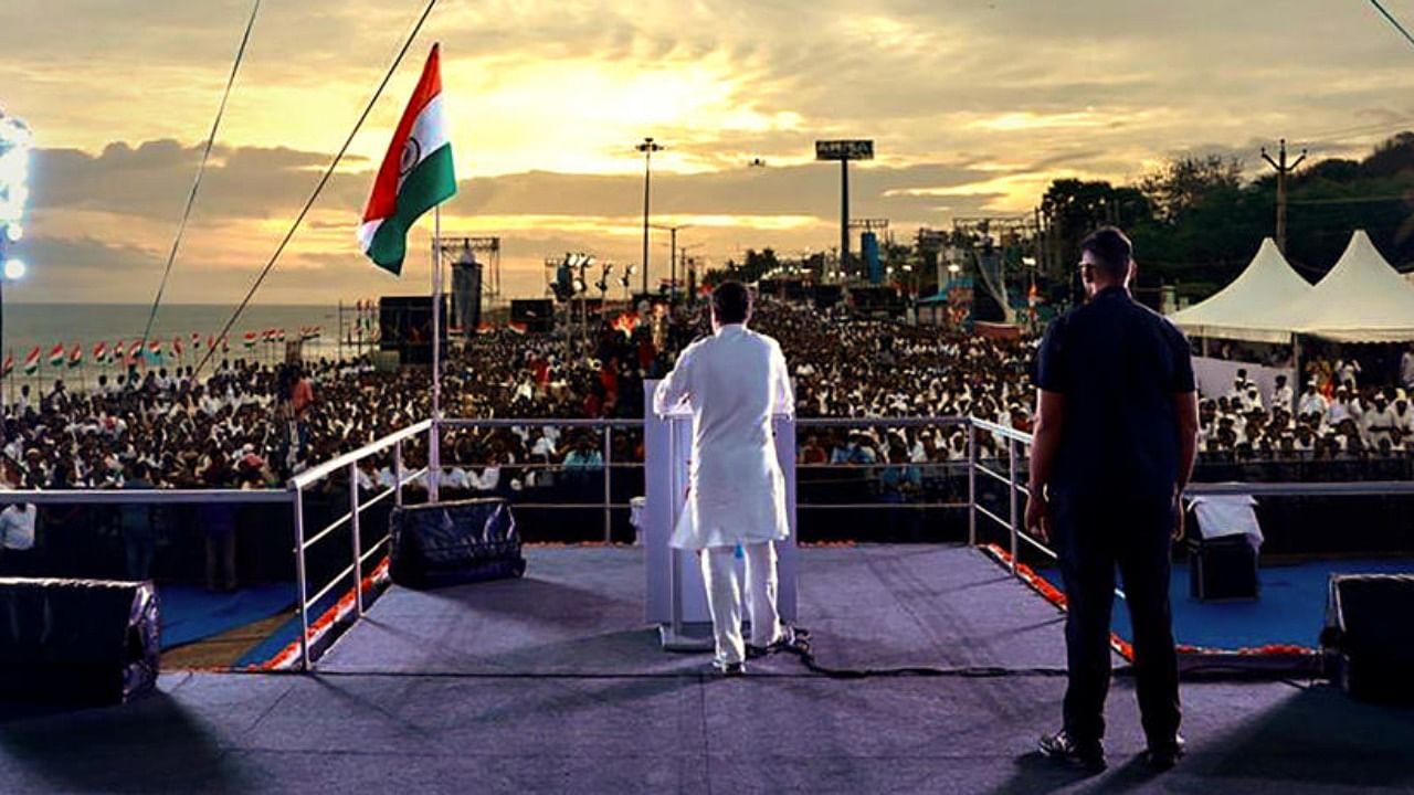 Congress leader Rahul Gandhi addresses the launch of 'Bharat Jodo Yatra', in Kanyakumari, Wednesday, Sept. 7, 2022. Credit: PTI Photo