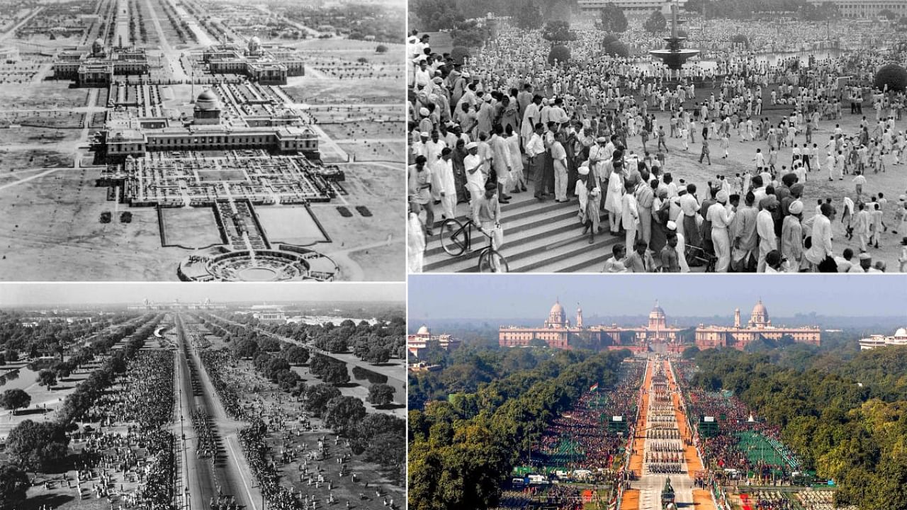 A combo image shows the Rajpath and surrounding areas during pre-Independence (top left), celebrations in 1947 post-Independence (top right), Republic Day celebrations in early-Independence years (bottom left) and Republic Day celebrations in recent times. Credit: Central Vista Website/PTI Photos