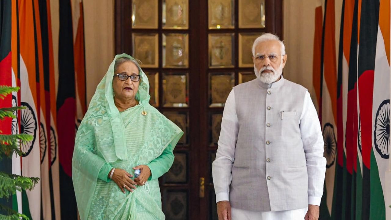Prime Minister Narendra Modi meets Prime Minister of Bangladesh Sheikh Hasina. Credit: PTI Photo