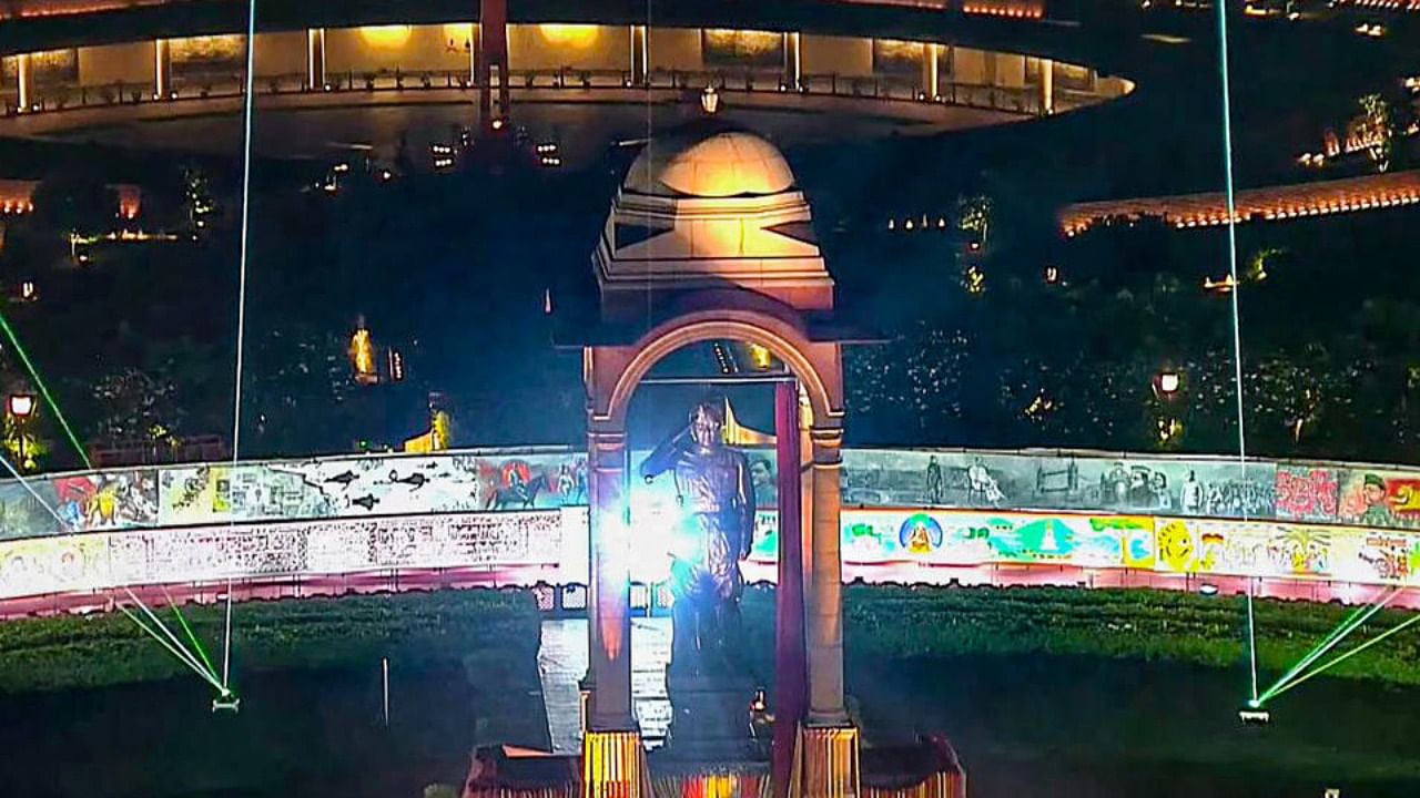 28-ft statue of Netaji Subhas Chandra Bose after its inauguration as part of the revamped Central Vista, in New Delhi, Thursday, Sept. 8, 2022. Credit: PTI Photo