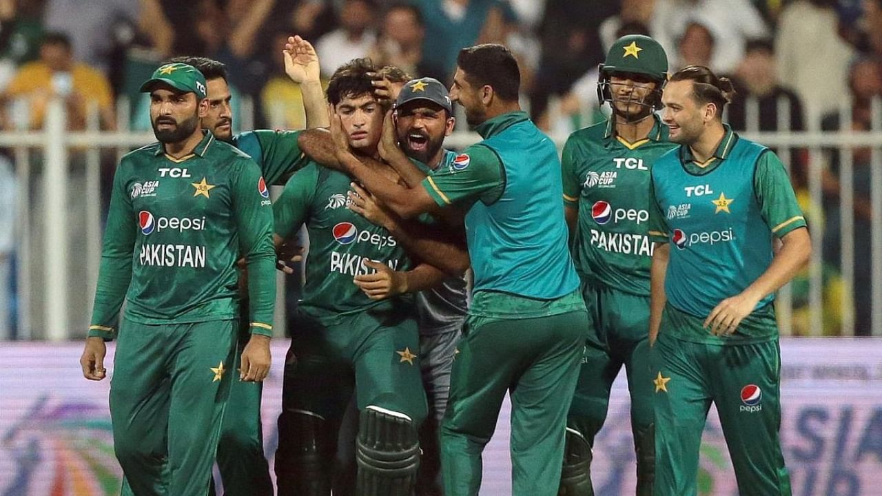 Pakistan's Naseem Shah,and teammates celebrate their win in the T20 cricket match of Asia Cup against Afghanistan, in Sharjah, United Arab Emirates, Wednesday, September 7, 2022. Credit: IANS Photo