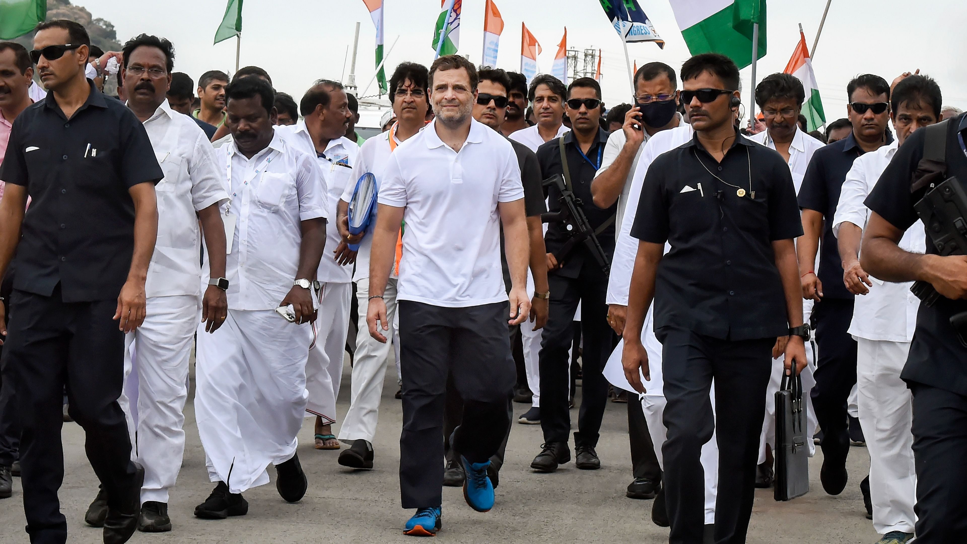 Congress leader Rahul and other party workers during the Bharat Jodo Yatra. Credit: PTI Photo