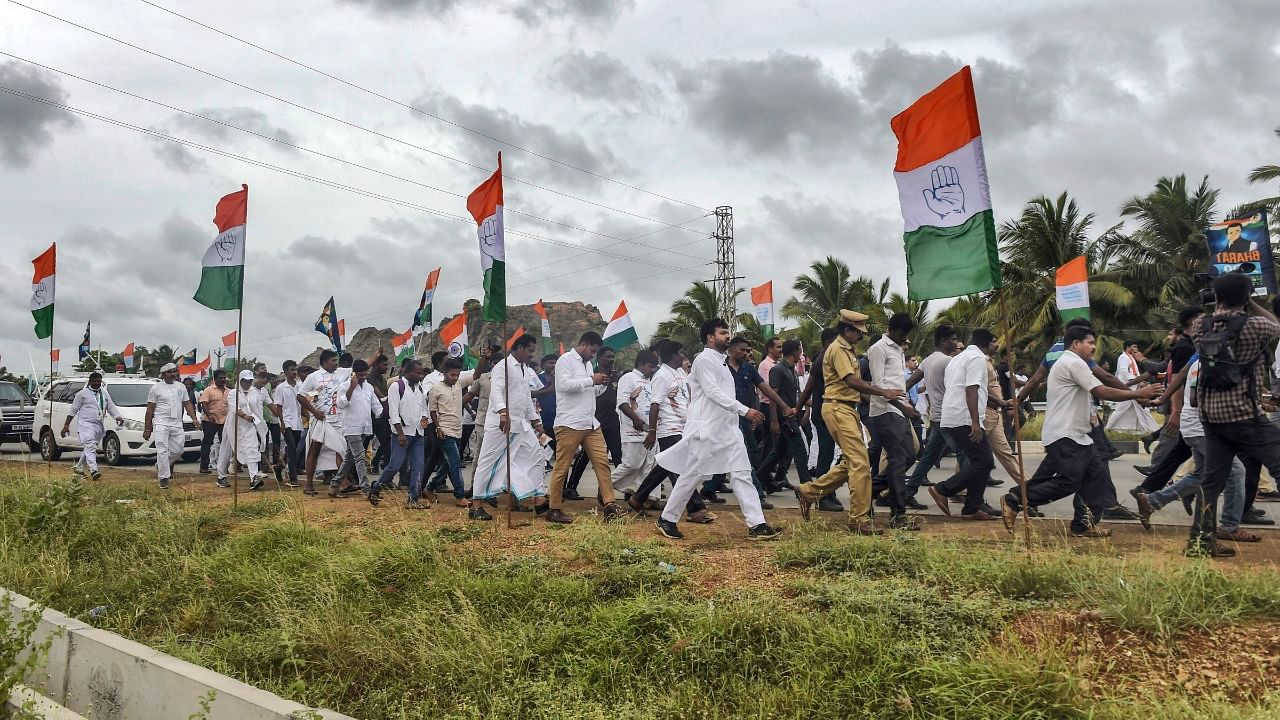 Bharat Yatris and other Congress supporters during their 'Bharat Jodo Yatra' in Kanyakumari. Credit: PTI Photo