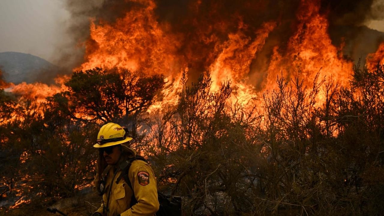 A CalFire firefighter uses a drip torch during a firing operation to build a line to contain the Fairview Fire near Hemet, California, on September 8, 2022.