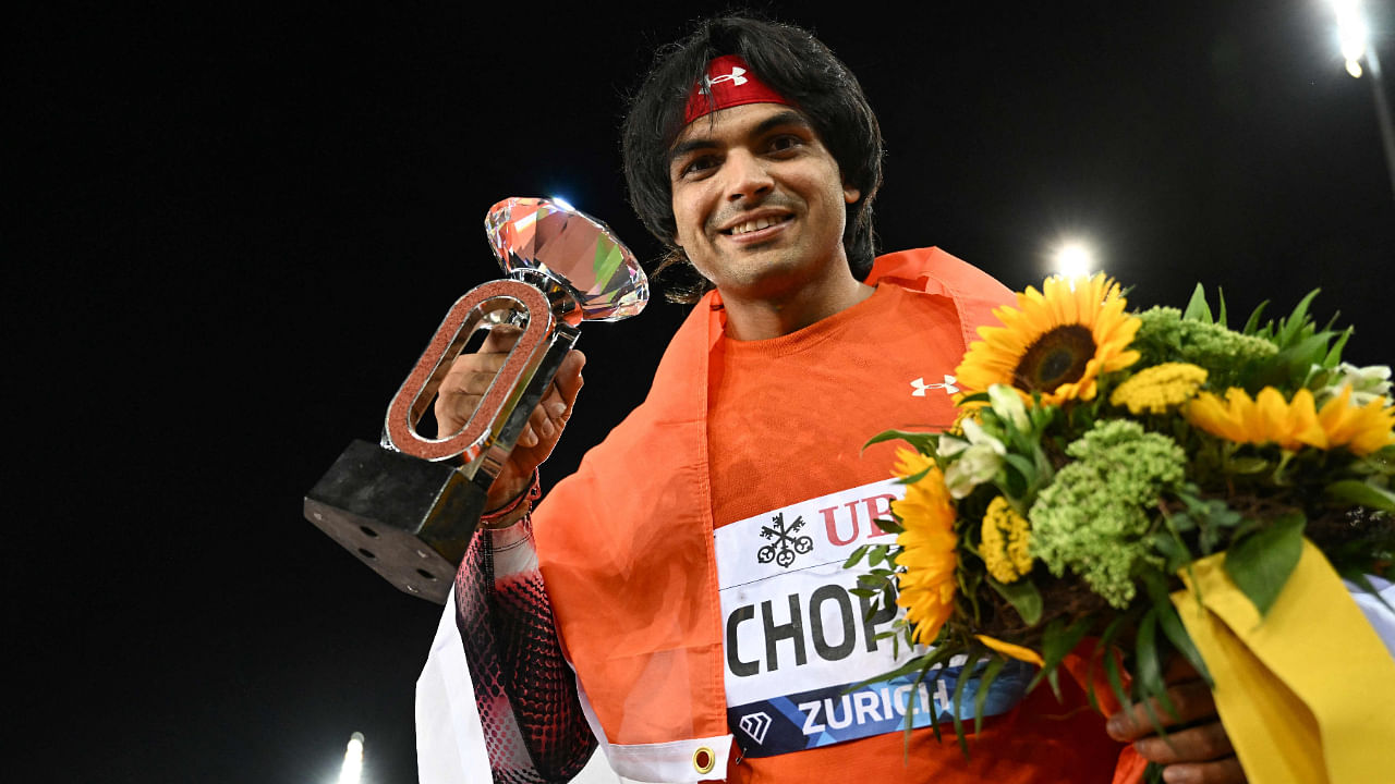 Neeraj Chopra celebrates after victory in the men's javelin final during the Diamond League athletics meeting at Stadion Letzigrund stadium in Zurich on September 8, 2022. Credit: AFP Photo