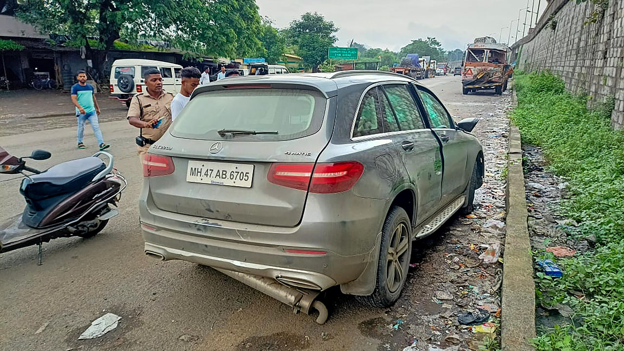 Wreackage of the Mercedes car in which businessman and former Tata Sons Chairman Cyrus Mistry was travelling when it met with an accident in Palghar, Sunday, Sept. 4, 2022. Credit: PTI Photo
