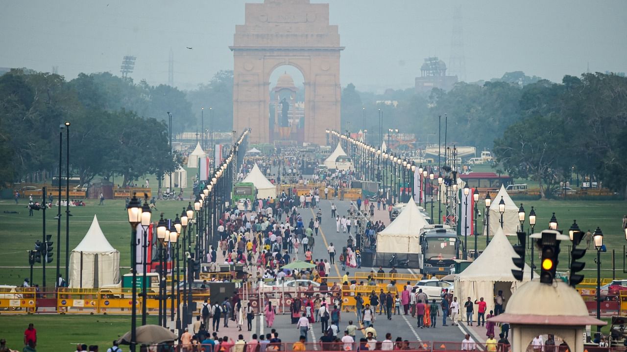 People visit the newly-named Kartavya Path, a stretch from Rashtrapati Bhavan to India Gate, a day after its inauguration as part of revamped Central Vista. Credit: PTI Photo