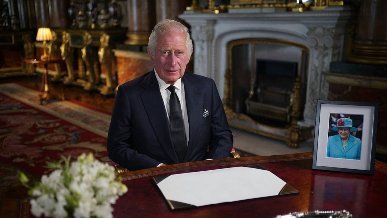 Britain's King Charles III makes a televised address to the Nation and the Commonwealth from the Blue Drawing Room at Buckingham Palace in London on September 9, 2022. Credit: AFP Photo