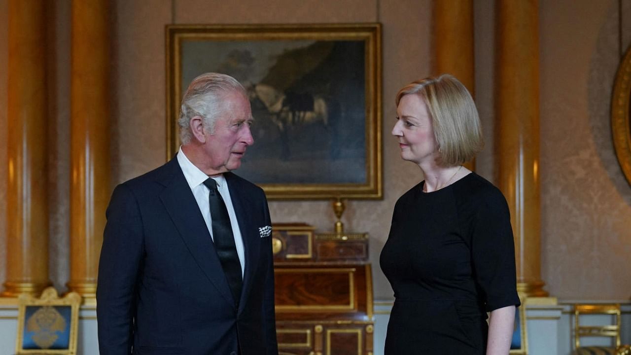 Britain's King Charles III during his first audience with Prime Minister Liz Truss at Buckingham Palace. Credit: Reuters photo