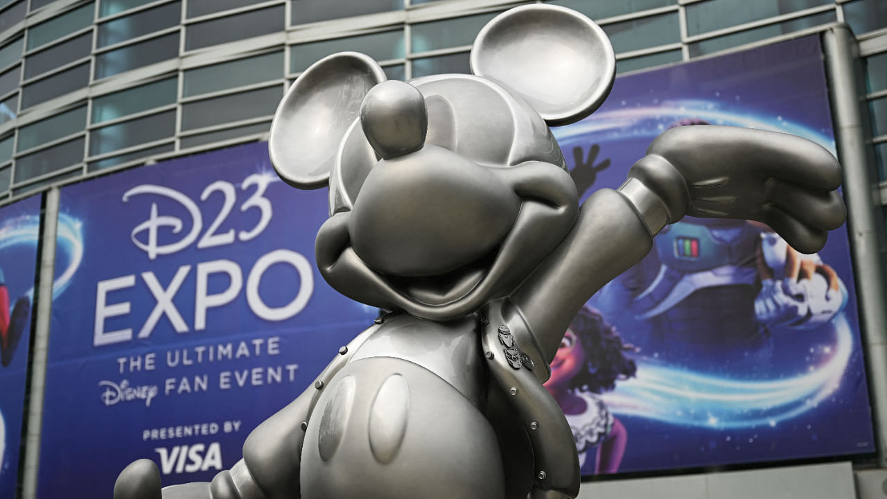 A statue of Mickey Mouse welcomes attendees to the Walt Disney D23 Expo in Anaheim, California on September 9, 2022. Credit: AFP Photo